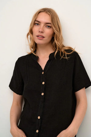 Cream 100% Linen Bellis Shirt | Black + Sand