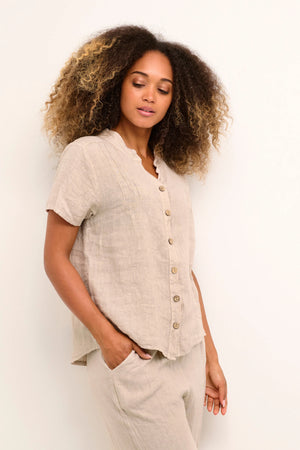 Cream 100% Linen Bellis Shirt | Black + Sand