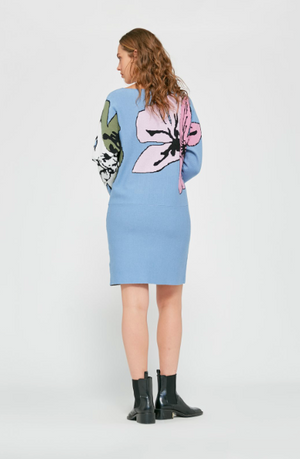 MD'M Short Knitted Dress with Floral Print | Blue