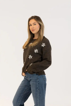 Lyla & Lux Aiden Daisy Crewneck | Dark Brown