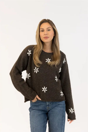 Lyla & Lux Aiden Daisy Crewneck | Dark Brown