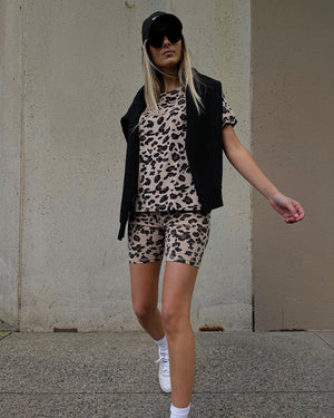 Brunette The Label Leopard Biker Shorts | Tan + Slate