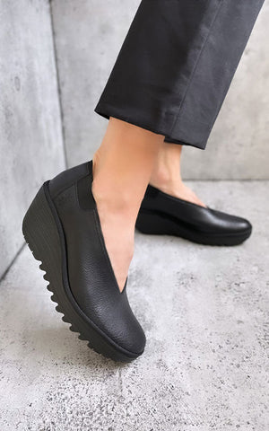 Fly London YOZA Leather Shoe | Black + Ocean