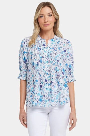 NYDJ Short Sleeve Pleated Peasant Blouse | Jimena Garden + Valencia