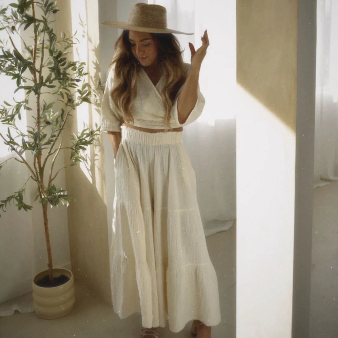 Pokoloko Crinkle Skirt Pants | Cream + Black