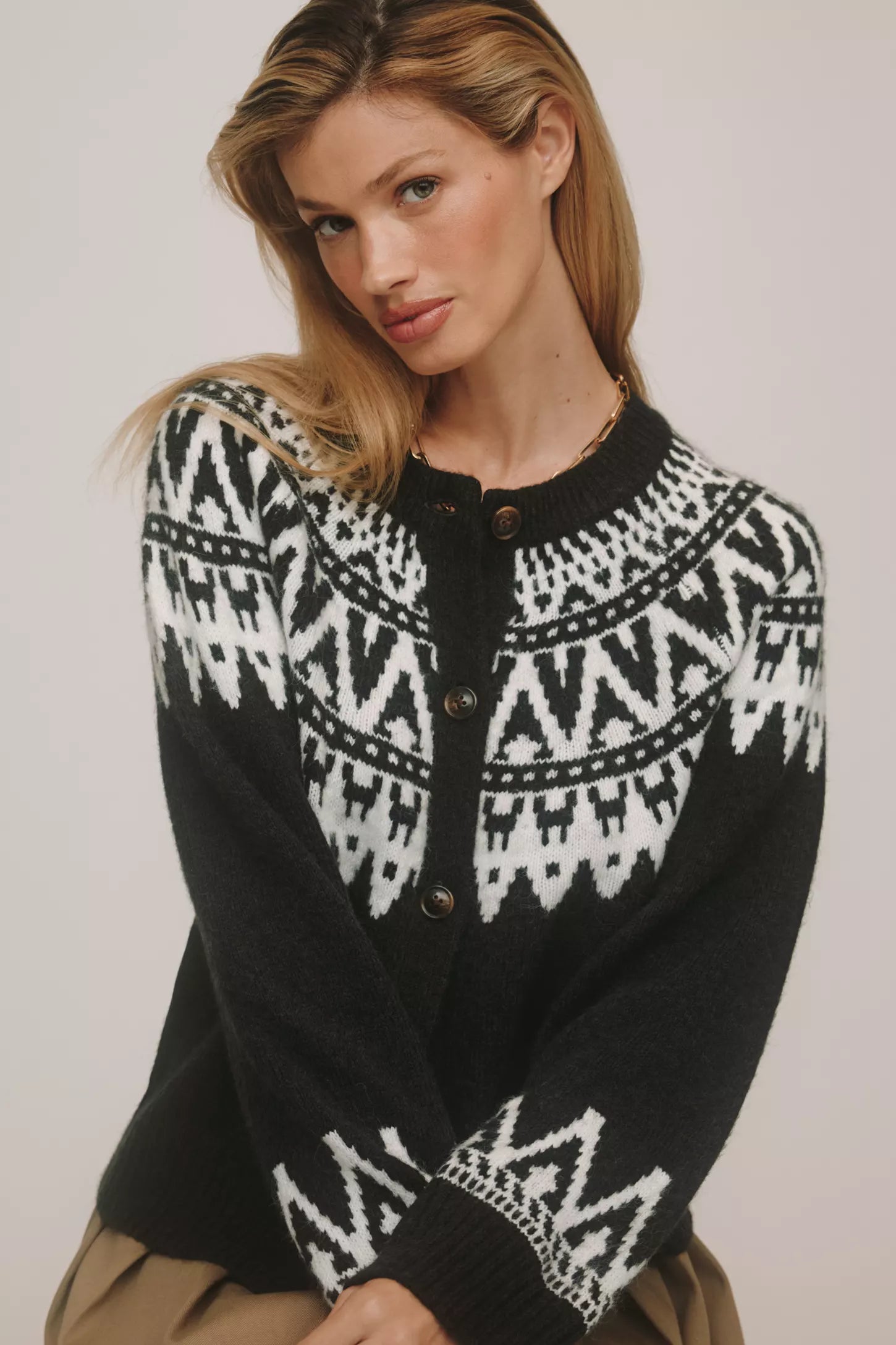 Sanctuary Fairisle Crew-Neck Cardigan Sweater | Ink