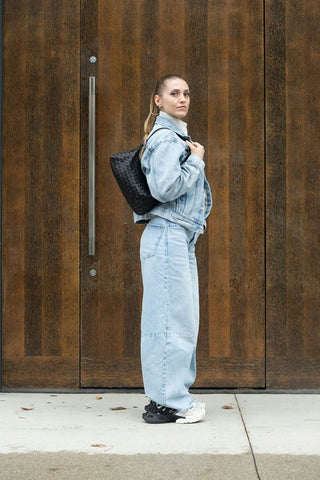 Risa Woven Shoulder Bag | Black + Tan