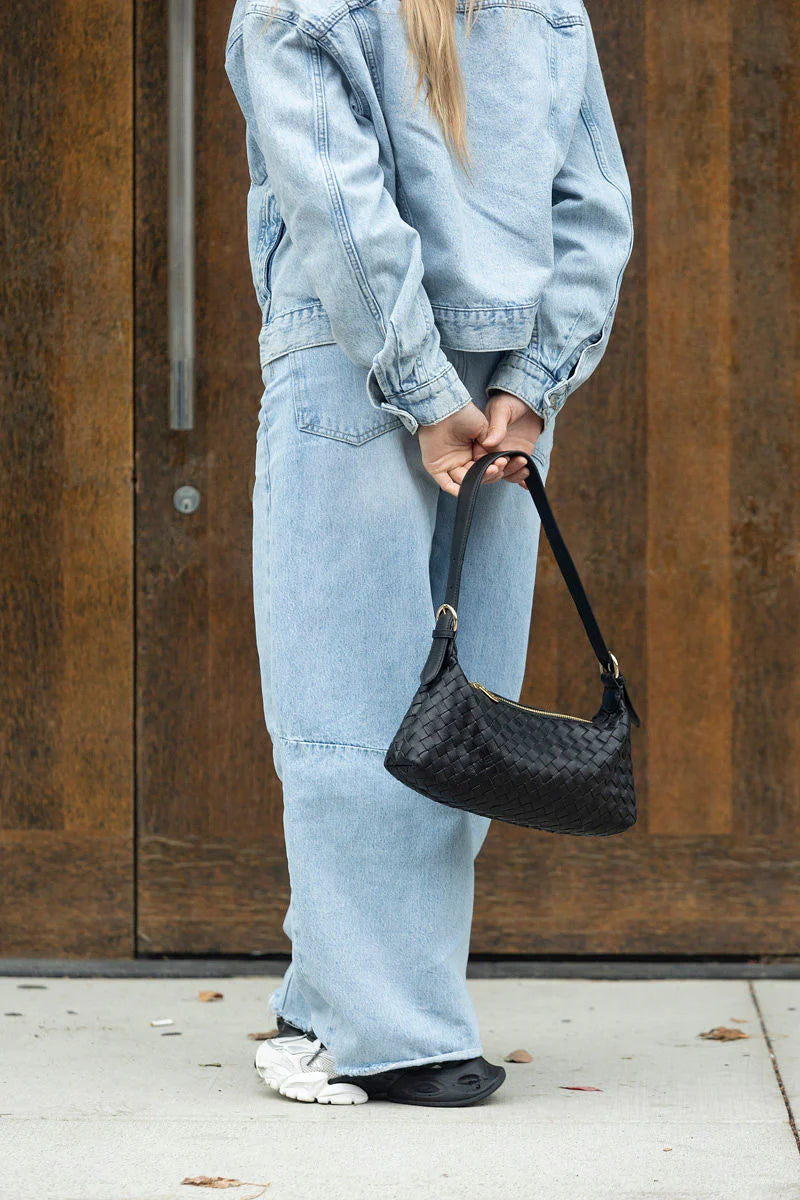 Risa Woven Shoulder Bag | Black + Tan