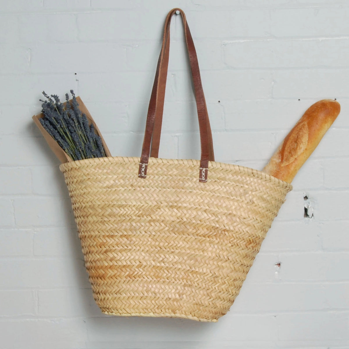 Straw Market Bag With Leather Strap