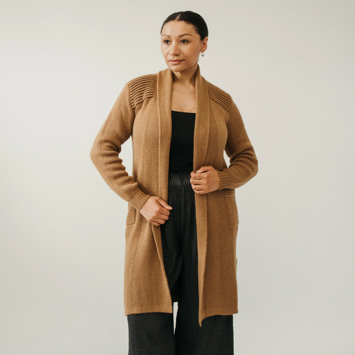 Pokoloko Long Cartier Alpaca Sweater| Camel, Black + Chai