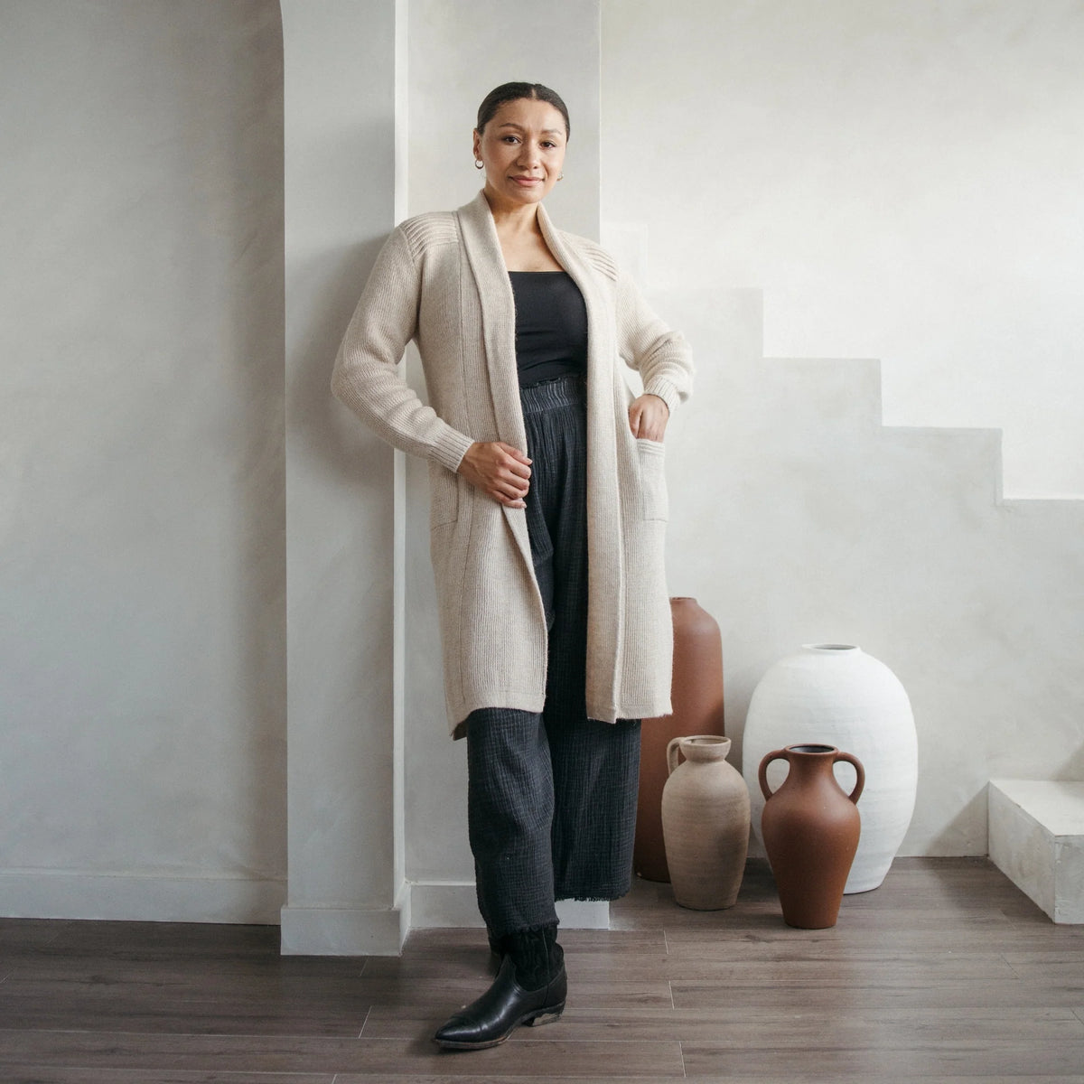 Pokoloko Long Cartier Alpaca Sweater| Camel, Black + Chai