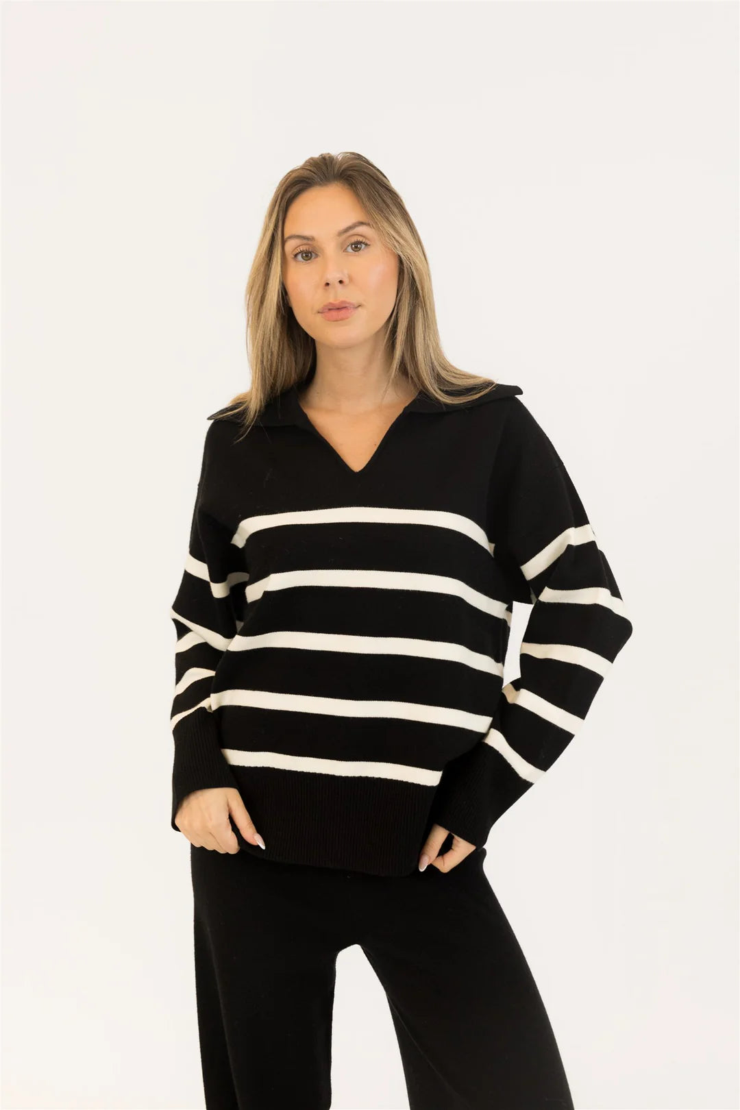 Lyla & Lux Bella Pullover | Black + White Stripe