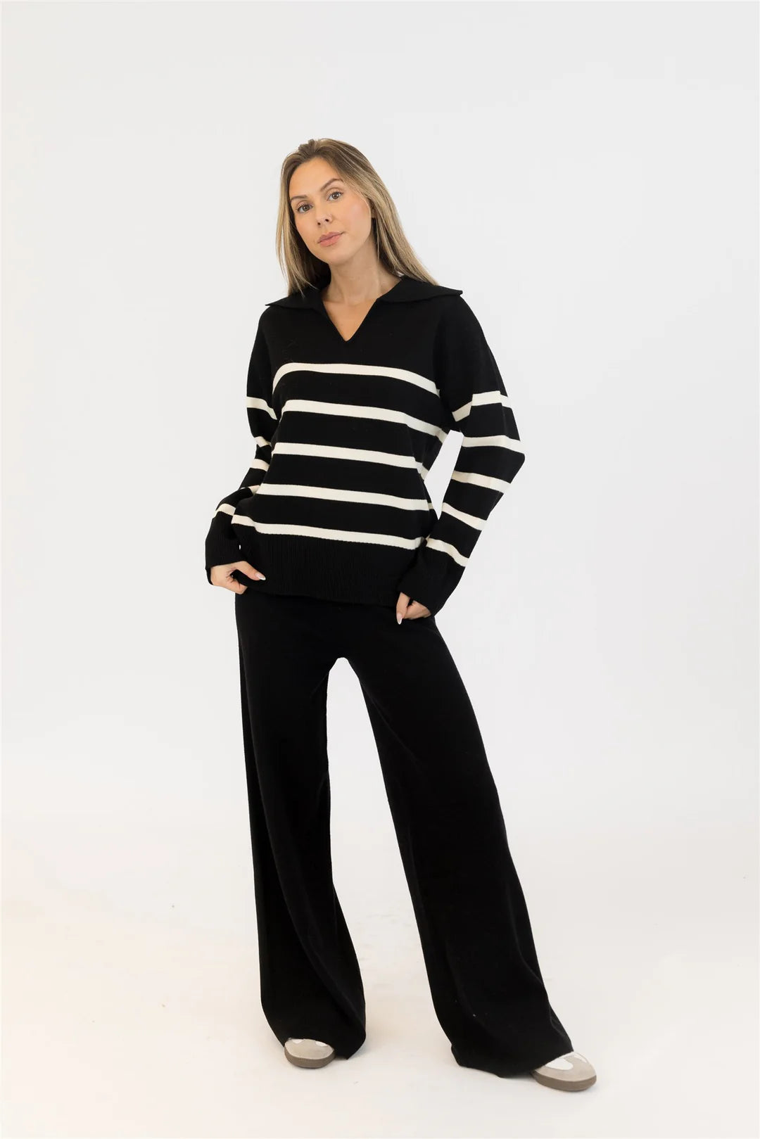 Lyla & Lux Bella Pullover | Black + White Stripe