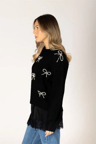 Lyla & Luxe Novelty Pearl Bow Sweater | Black
