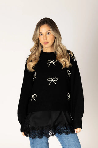 Lyla & Luxe Novelty Pearl Bow Sweater | Black