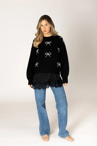 Lyla & Luxe Novelty Pearl Bow Sweater | Black