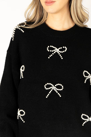 Lyla & Luxe Novelty Pearl Bow Sweater | Black