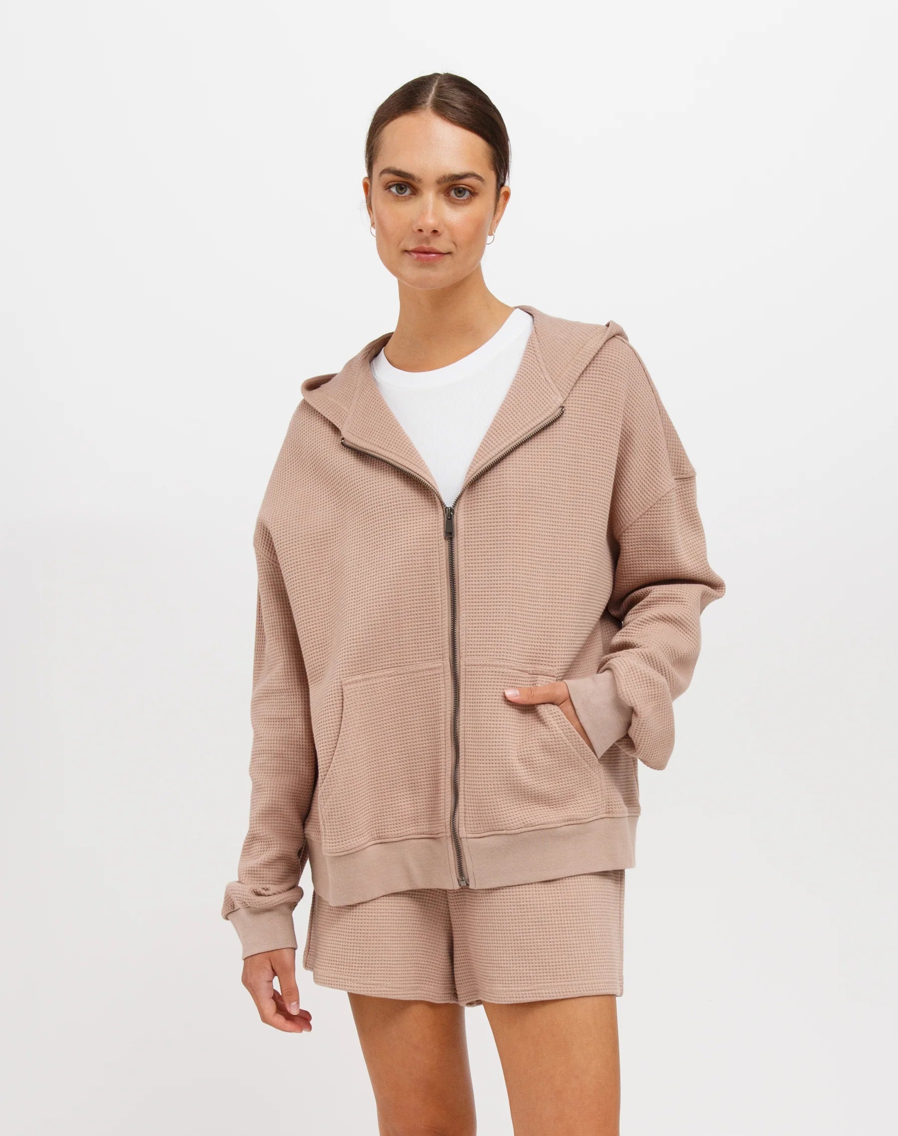 Brunette The Label Waffle Knit Full Zip Oversized Hoodie | Fawn