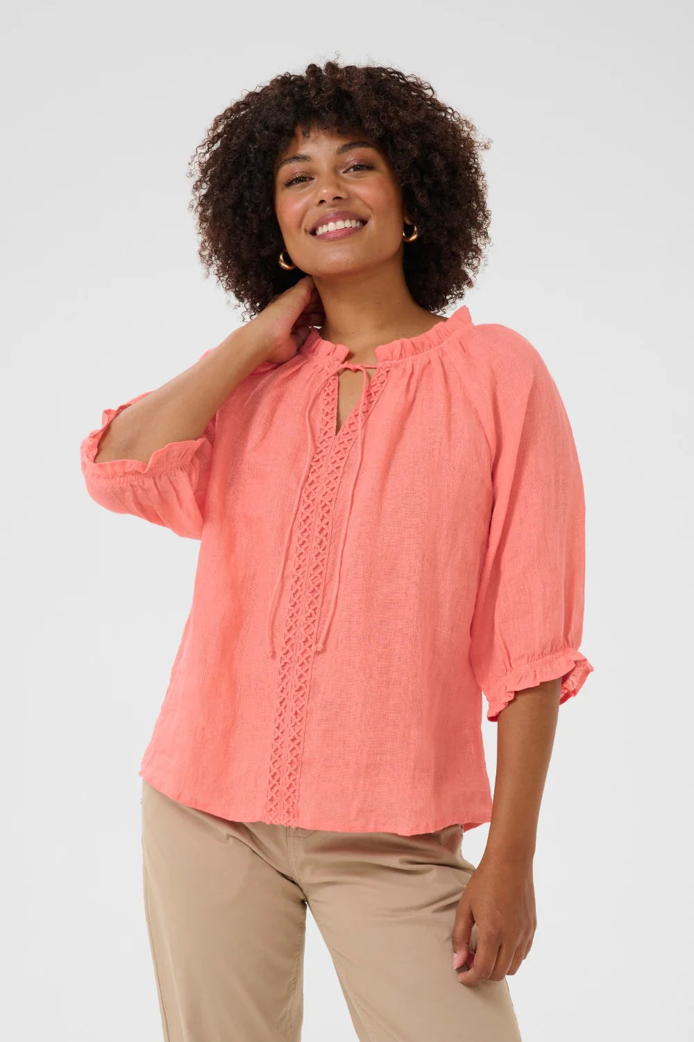 Cream Bellis 100% Linen Lace Blouse | Rose + Black