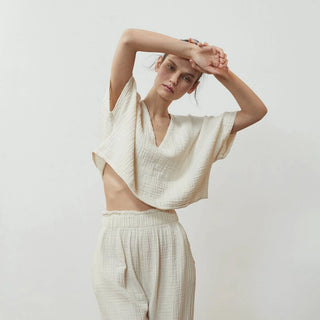 Pokoloko Crinkle Crop Top | Cream, Black + Denim