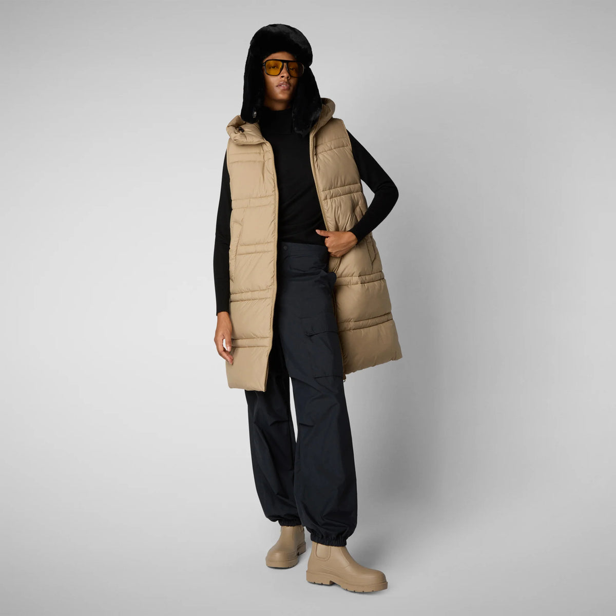 Save The Duck Animal Free Hooded Judee Vest | Black + Beige