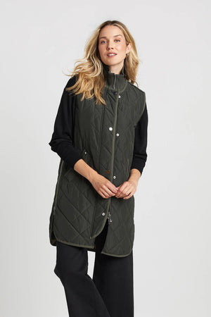 Adroit Destiny Sleeveless Quilted Long Vest | Cilantro