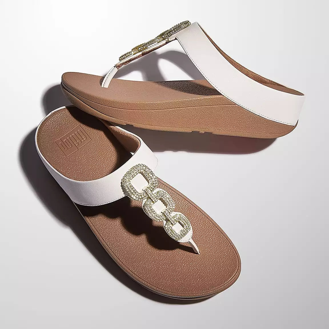 Fit Flop Fino Crystal Chain Leather Top Post | White