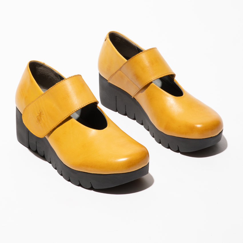 Fly London Vari Leather Shoe | Black + Mustard