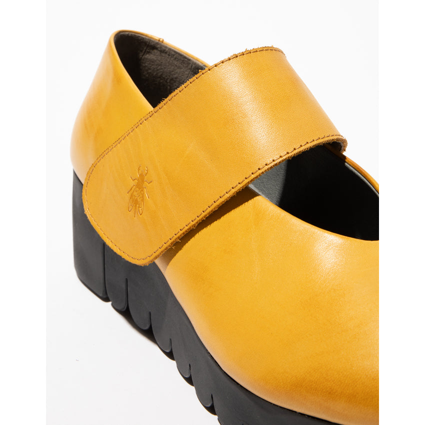 Fly London Vari Leather Shoe | Black + Mustard