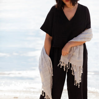 Pokoloko Crinkle Crop Top | Cream, Black + Denim