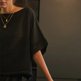 Pokoloko Crinkle Boat Top | Black + Denim
