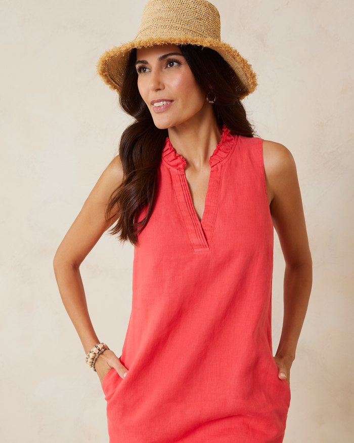 Tommy Bahama Double-Ruffle Linen Dress | Bright Coral + White