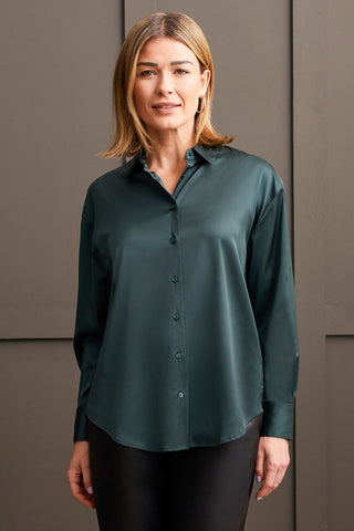 Tribal Flowy Satin Button Up Shirt | Blush + Green + Violet