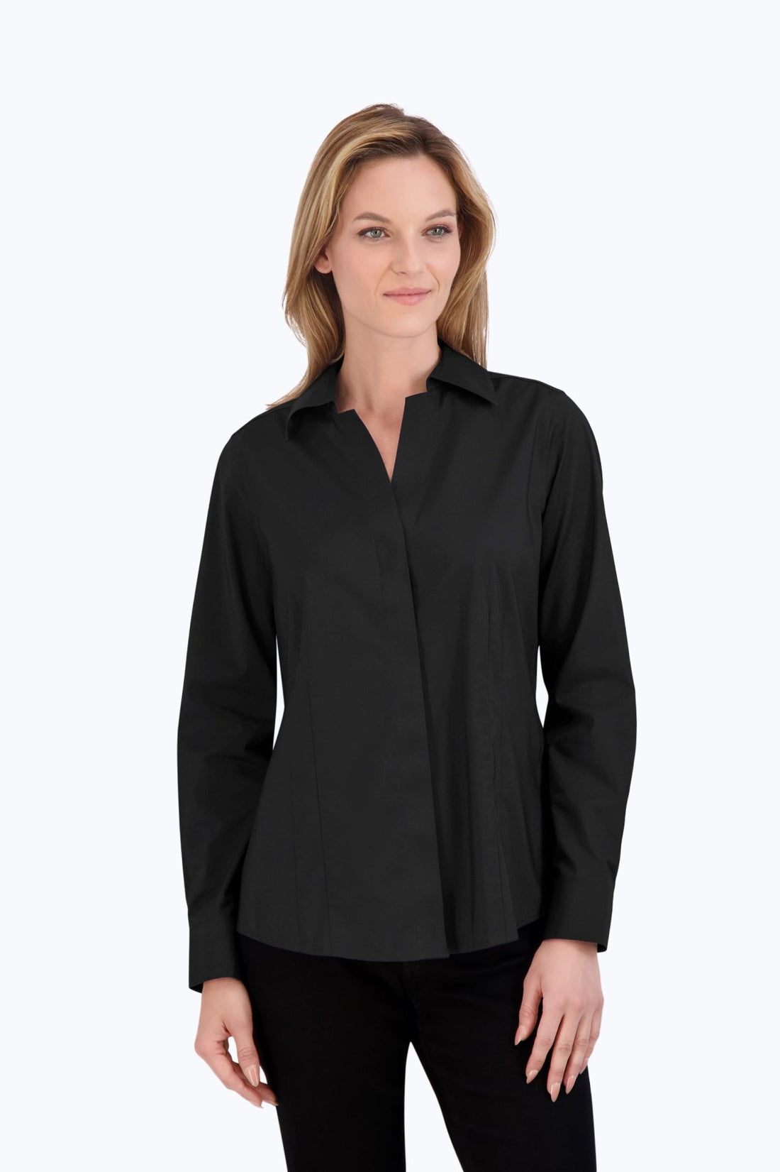 Foxcroft Taylor Essential Stretch Blouse | Purple + Black + Navy