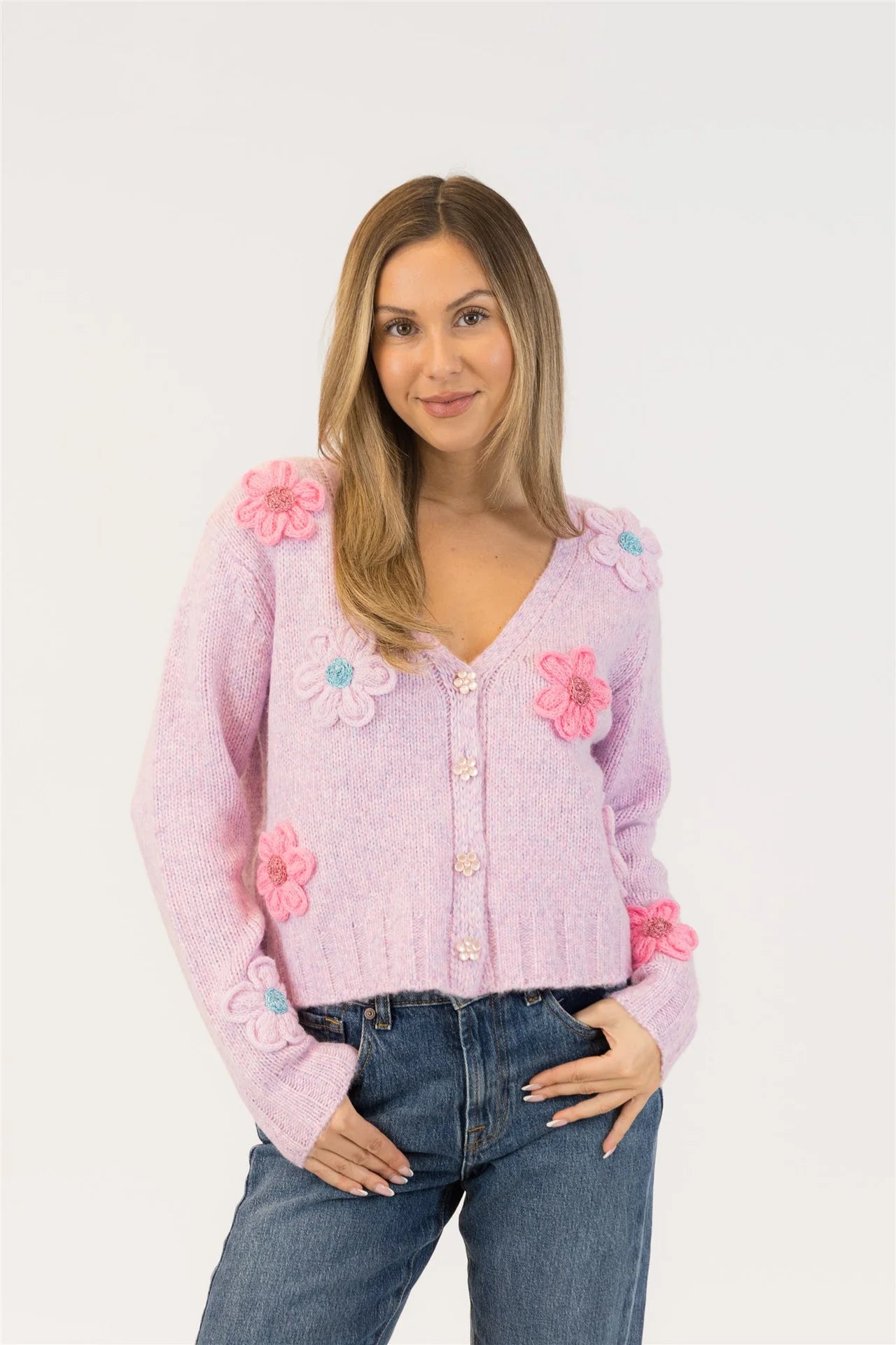 Lyla & Lux Kailie Flower Cardigan | Pink-Purple
