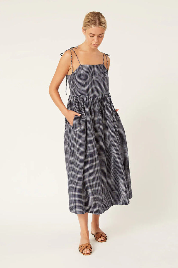 Naif Gwen Windowpane Linen Dress | Navy