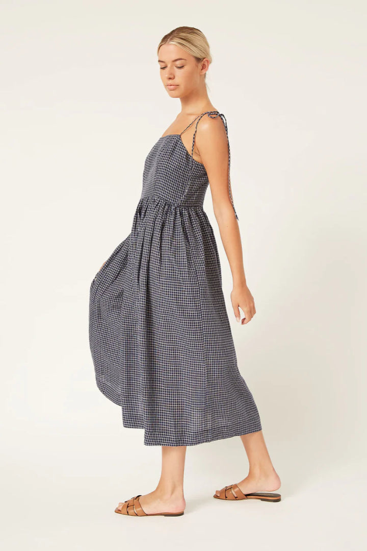 Naif Gwen Windowpane Linen Dress | Navy