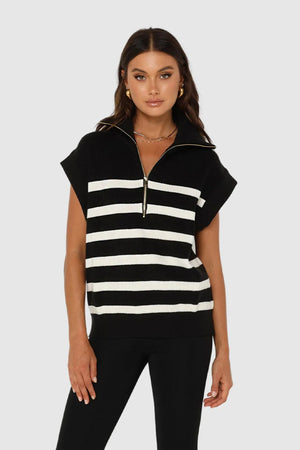Madison The Label Owen Quarter Zip Vest | Black + White Stripe