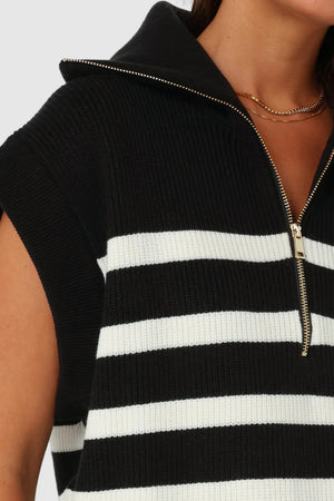 Madison The Label Owen Quarter Zip Vest | Black + White Stripe