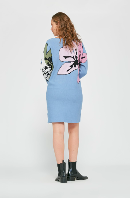 MD'M Short Knitted Dress with Floral Print | Blue