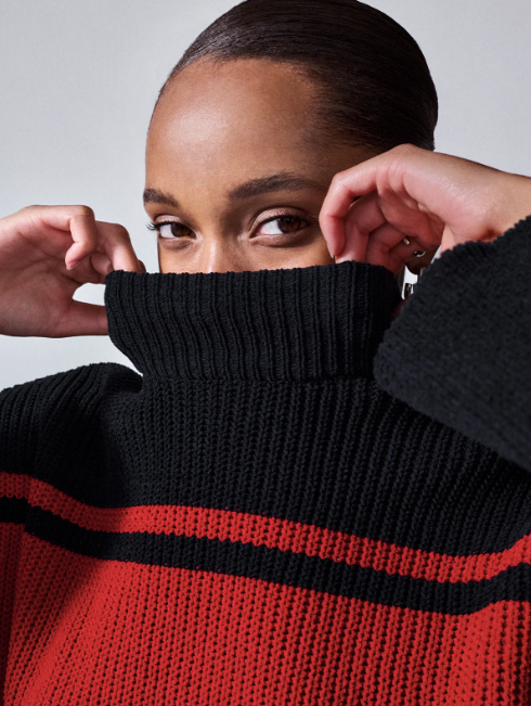 Sanctuary Stay Cozy Semi Crop Sweater Red Black Stripe