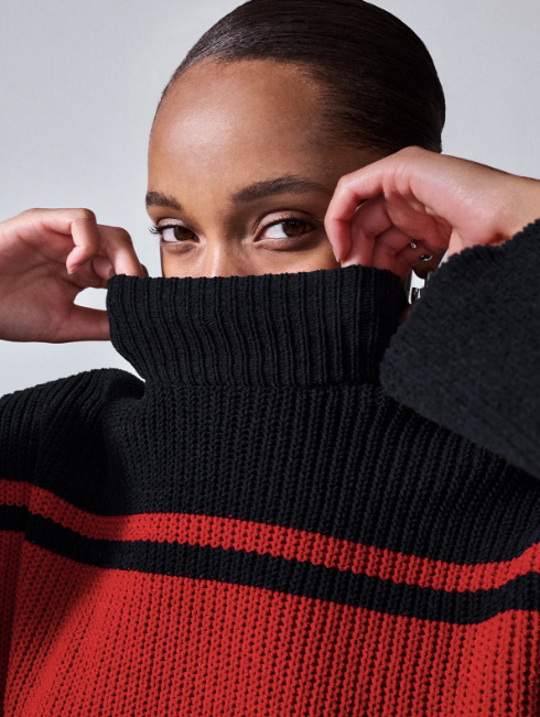 Sanctuary Stay Cozy Semi Crop Sweater Red/Black Stripe Fancy
