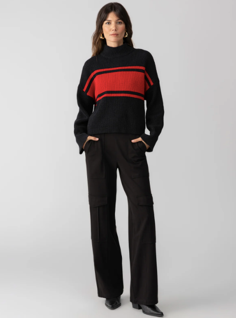 Sanctuary Stay Cozy Semi Crop Sweater Red Black Stripe