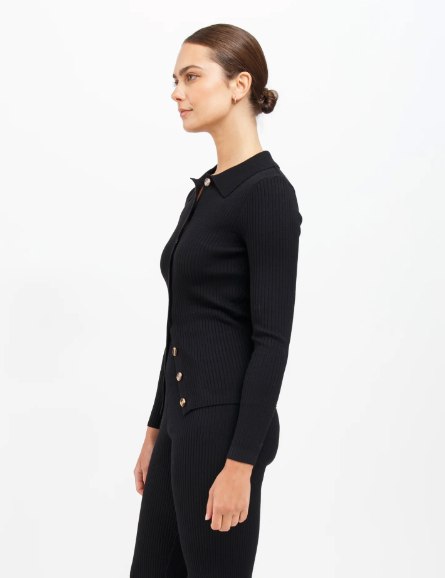 Brunette The Label Christy Rib Knit Button Up Sweater | Black