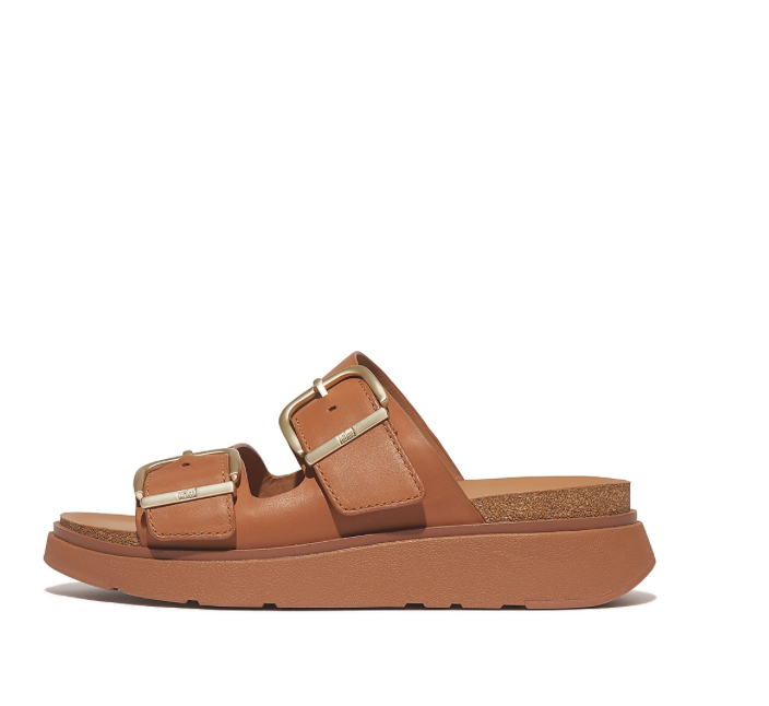 FitFlop Buckle Two Bar Leather Slides Light Tan