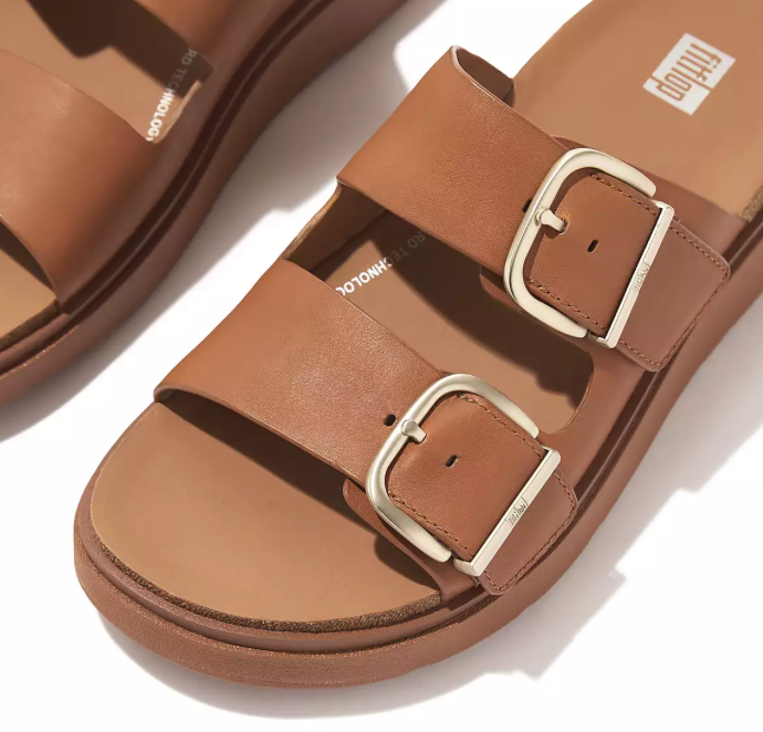 FitFlop Buckle Two Bar Leather Slides Light Tan