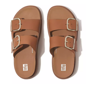 FitFlop Buckle Two-Bar Leather Slides | Light Tan