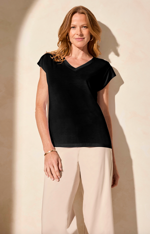 Tribal Cap Sleeve V-Neck Top | Black + Teaberry