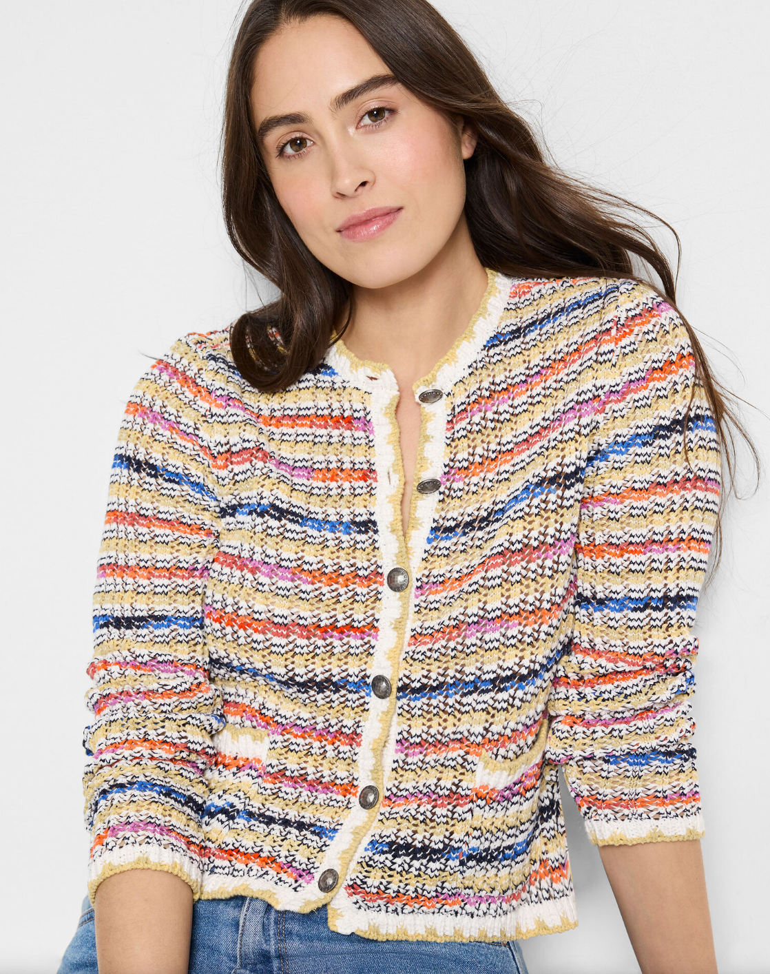 Nic & Zoe Coastal Crochet Knit Jacket | Neutral Multi