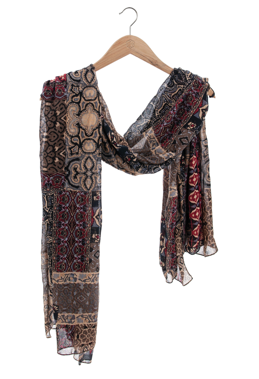 Aventura Patchowork Print Scarf | Black + Grey + Rust